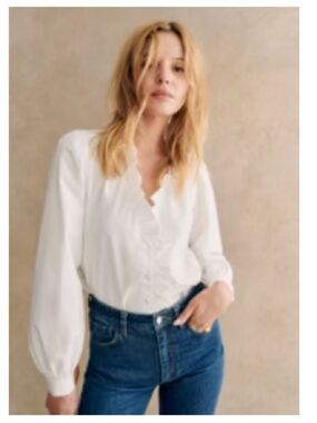 🇫🇷 SEZANE White Button-Down Blouse with ruffles